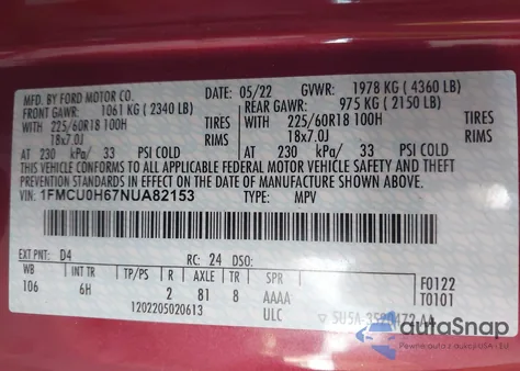 2022 Ford Escape Sel z USA, uszkodzony, nr VIN 1FMCU0H67NUA82153